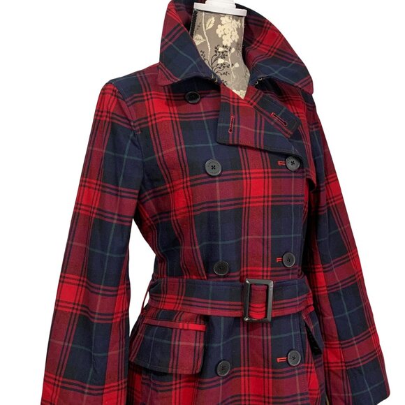 American Living Red Plaid Belted Double Breasted Trench Coat Womens SZ M - Picture 2 of 12